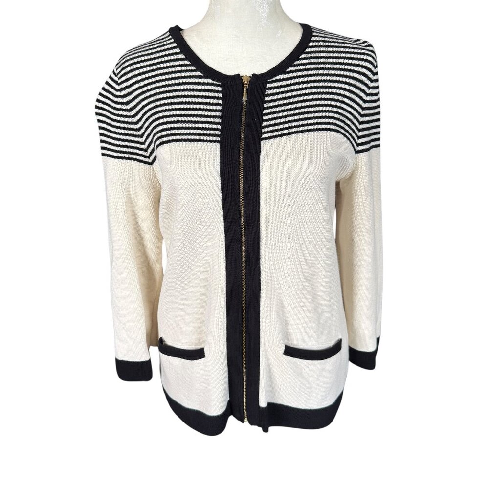 Talbots cream and black 3/4 sleeve full zip up sweater women's size small